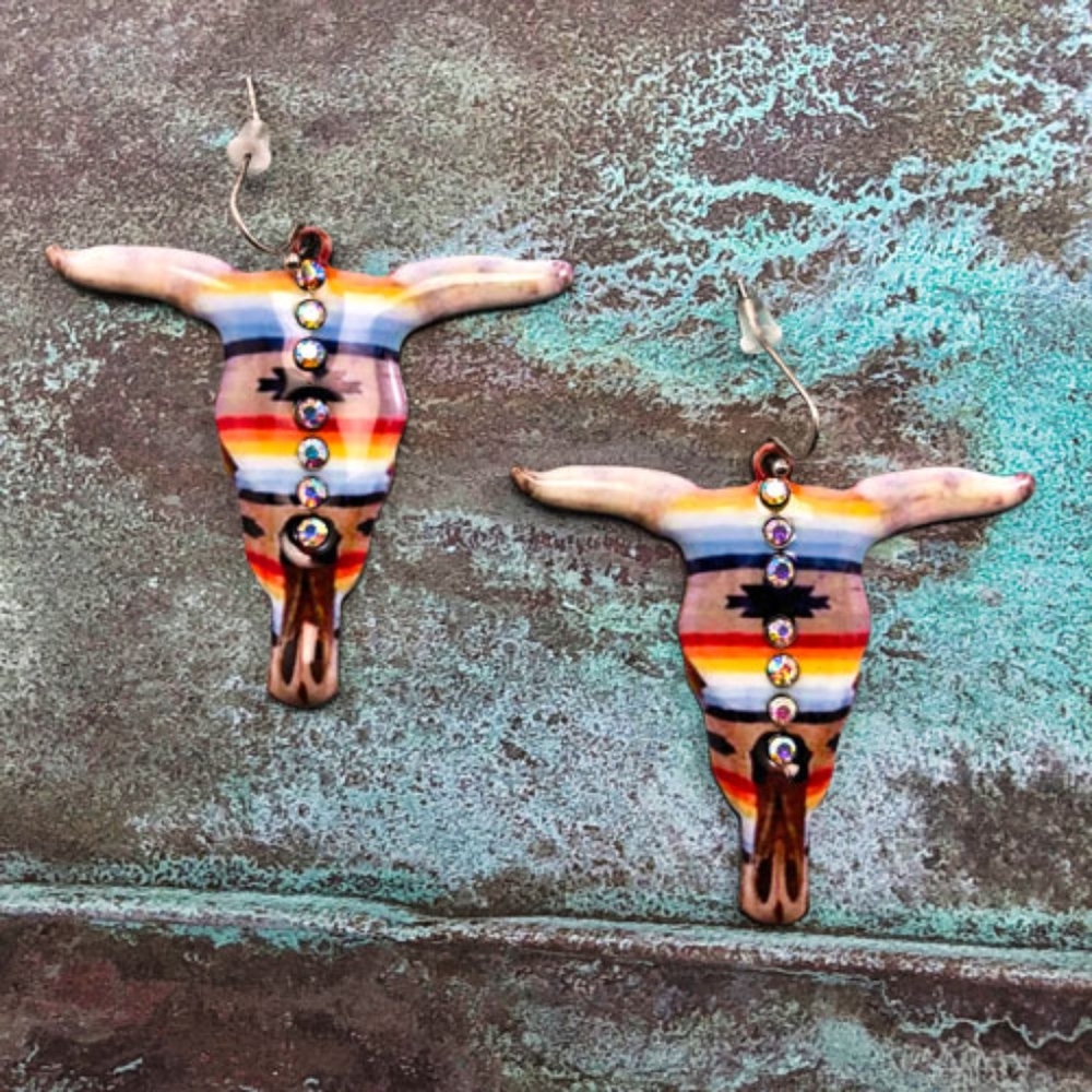 NEW Western Serape Longhorn Skull Earrings